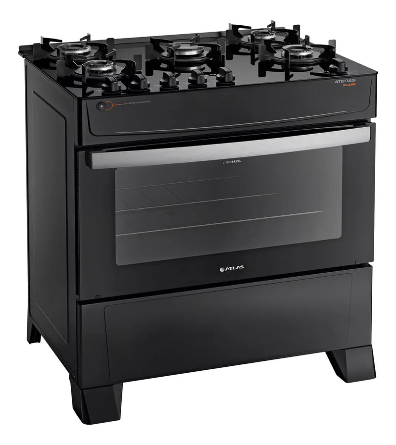 Fogão de pé Atlas Atenas Glass 5 Bocas A Gás Preto 110V/220V porta com visor e Forno de 86.5L