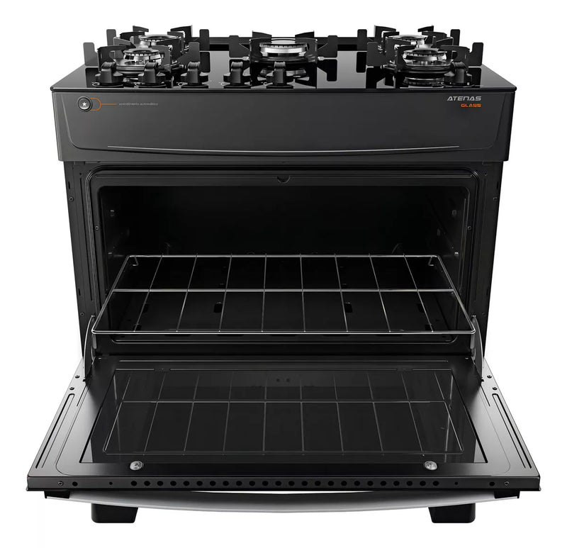 Fogão de pé Atlas Atenas Glass 5 Bocas A Gás Preto 110V/220V porta com visor e Forno de 86.5L