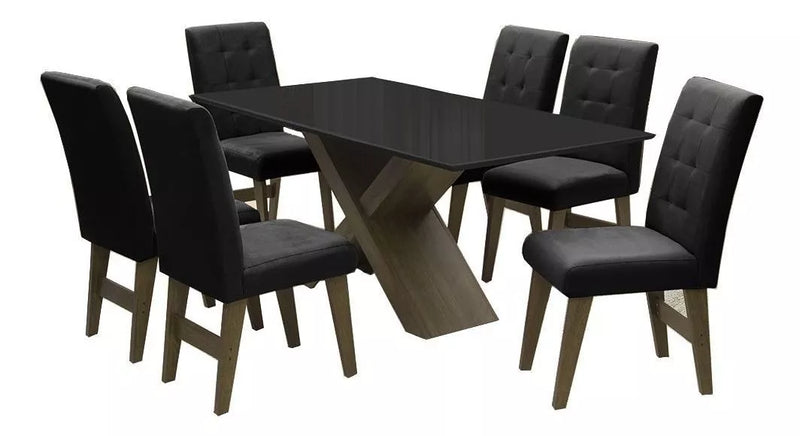 Conjunto Mesa Preto Dubai 1,60m Mdf Com 6 Cadeiras Castanho Cor Castanho/Preto Desenho do tecido das cadeiras Liso