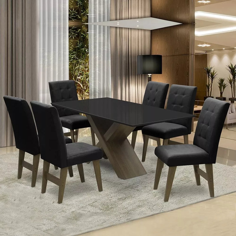 Conjunto Mesa Preto Dubai 1,60m Mdf Com 6 Cadeiras Castanho Cor Castanho/Preto Desenho do tecido das cadeiras Liso